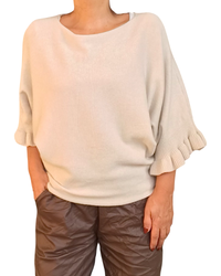 Chandail de tricot léger beige manche 3/4 garni de frisons