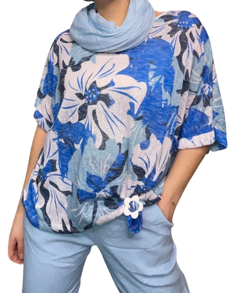 T-shirt femme imprimé de fleurs bleues et blanches avec boucle d'ajustement, foulard et pantalons bleu ciel