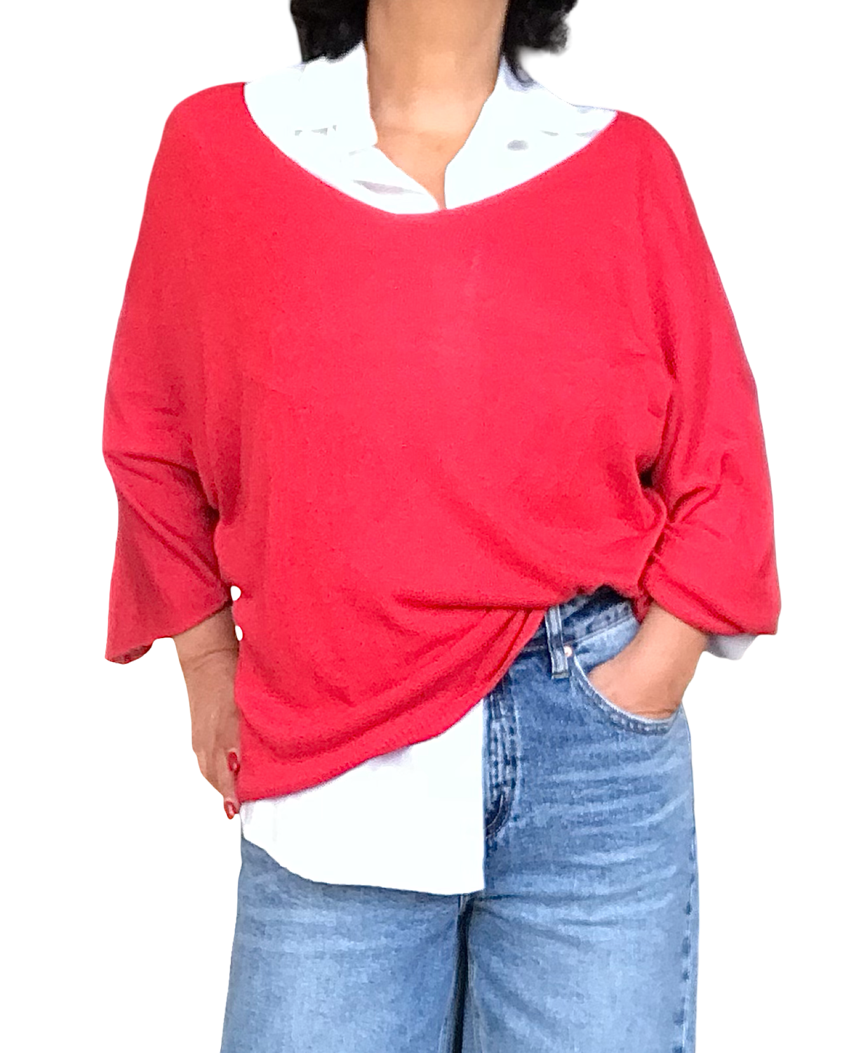 Chandail uni rouge, col en V manche 3/4