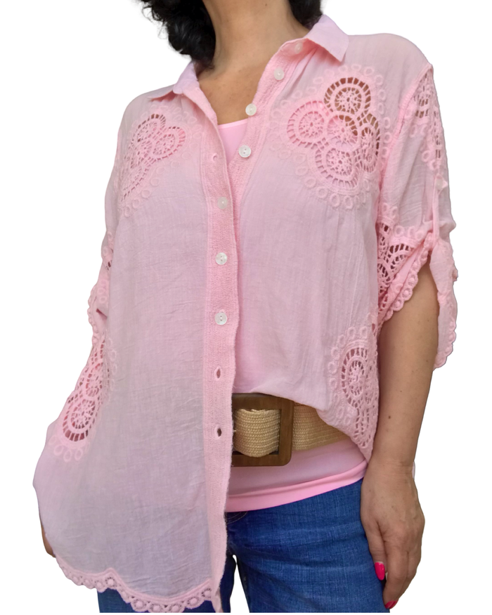 Chemise rose saumon 3/4 avec dentelle chic