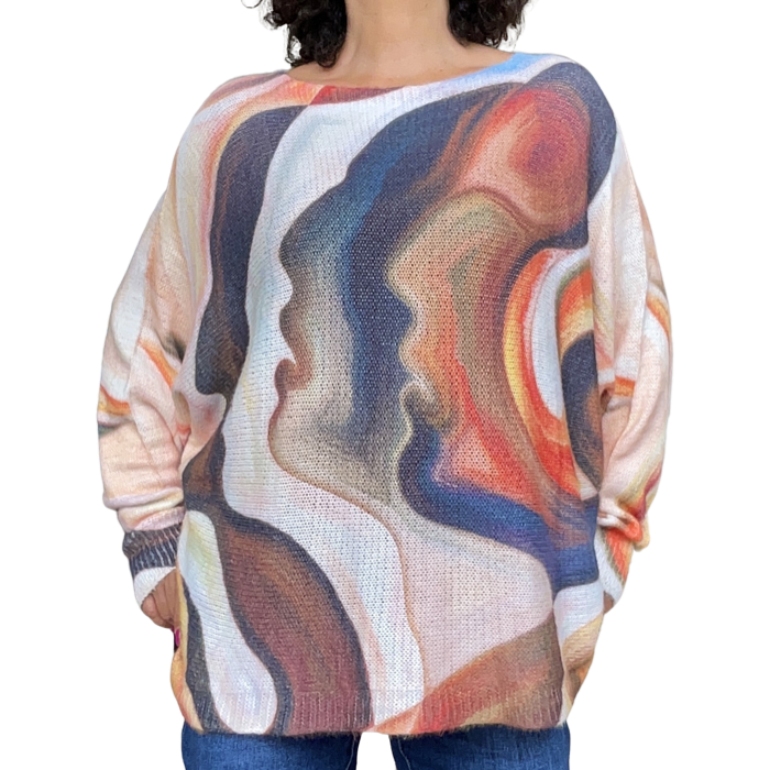 chandail en tricot léger blanc imprimé abstrait bleu, orange brun