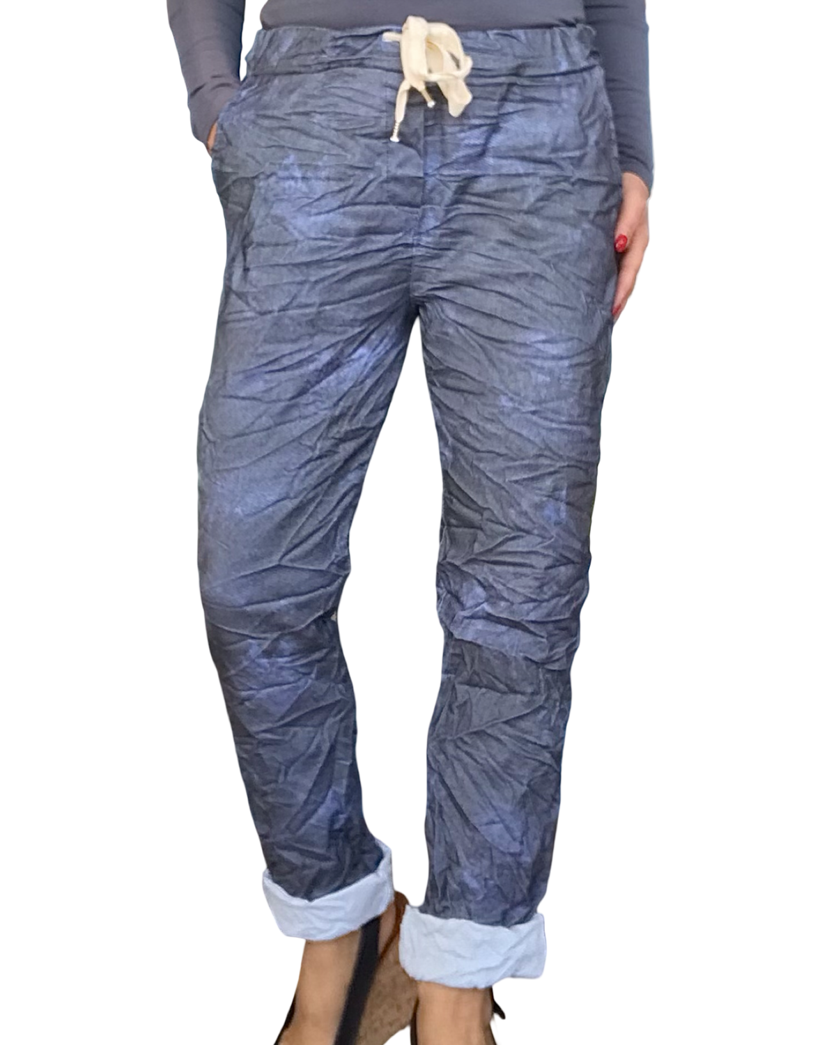 Pantalon à taille élastique marbré bleu jeans et gris avec cordon à la taille