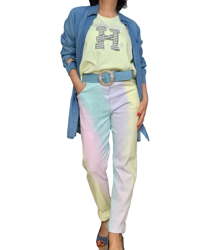 Pantalon arc-en-ciel à taille élastique avec cordon rose, jaune, Aqua et bleu ciel