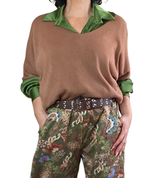 Chandail uni cognac, col en V manche 3/4