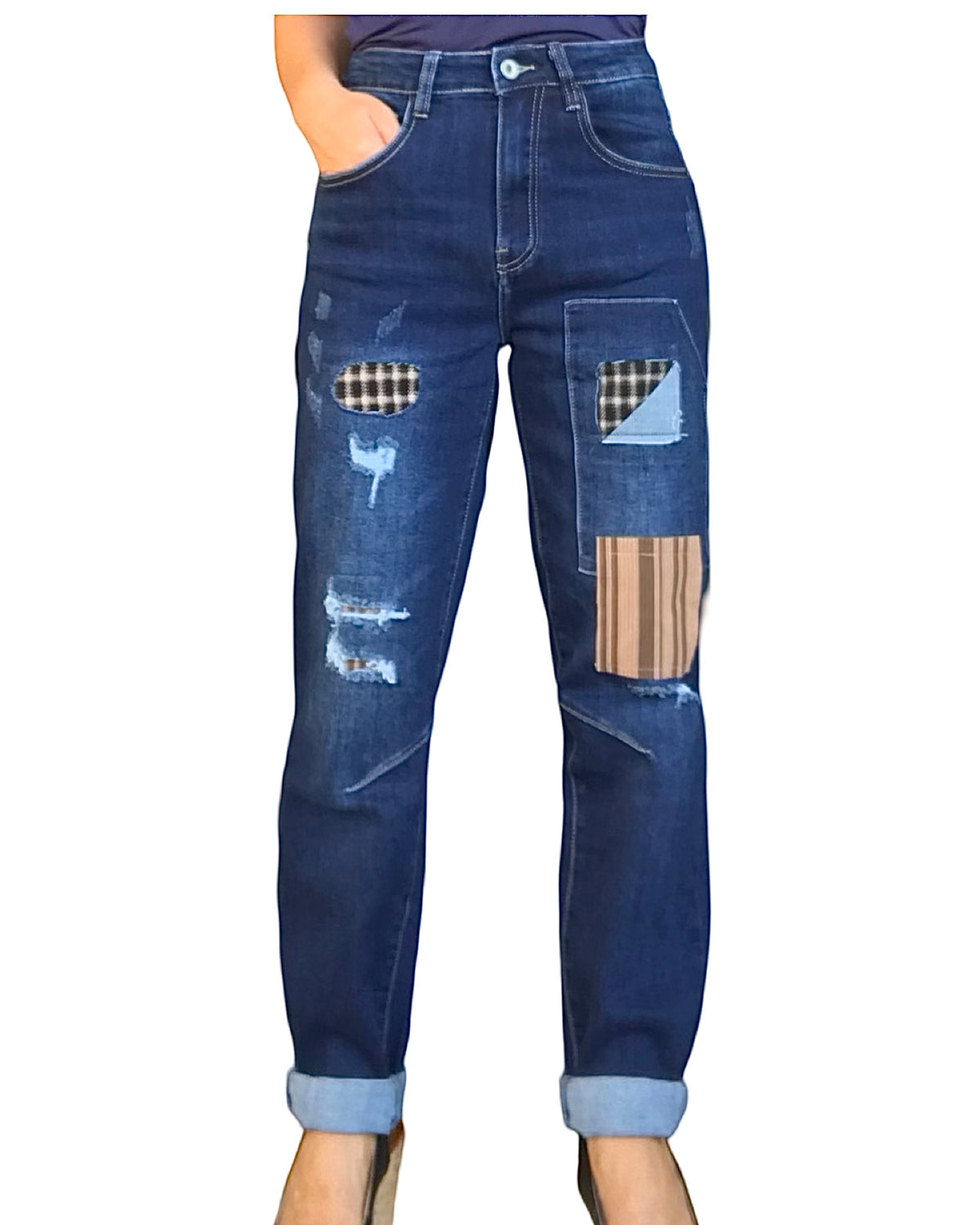 Jeans bleu foncé jambe droite 30 pouces de jambe avec patchs