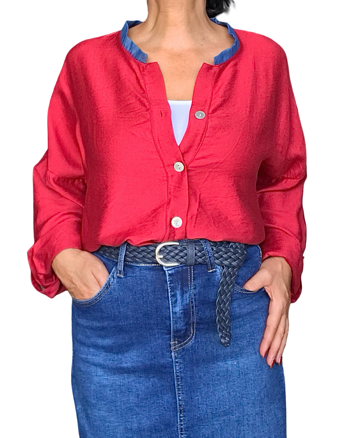 Chemise col Mao, 2 couleurs rouge et jeans à manche longue