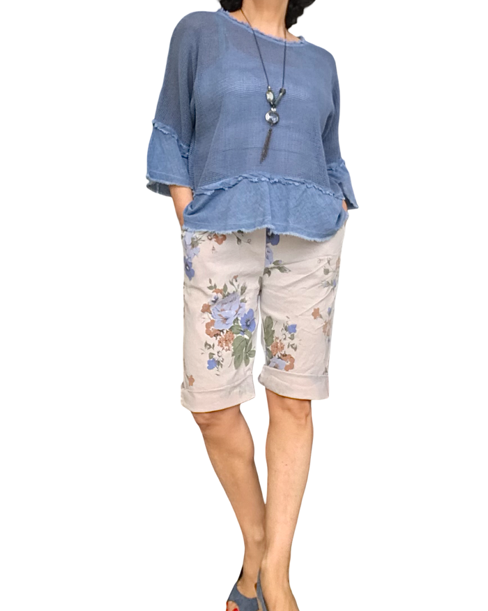 T-shirt bleu jeans en filet, col rond, manche courte