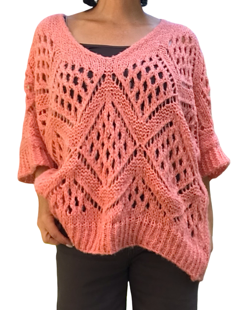 Chandail uni en tricot corail boisé à grandes mailles col en V