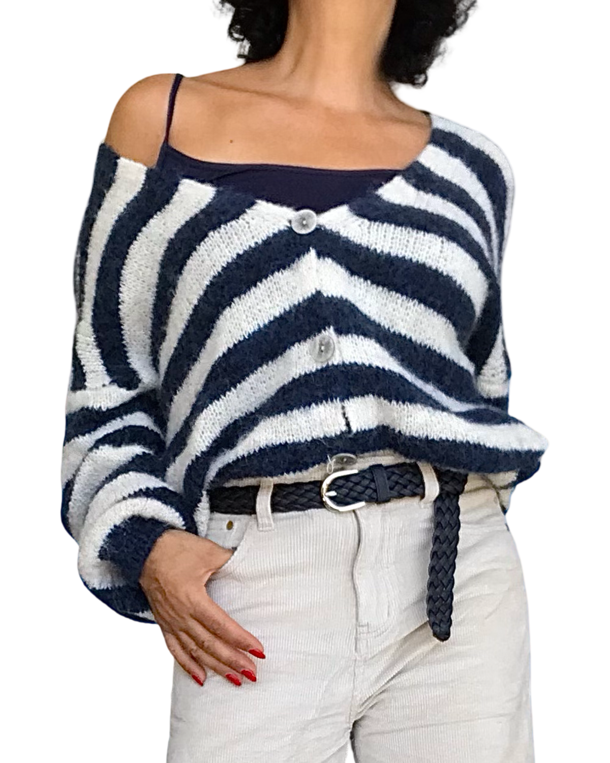 Cardigan rayé blanc et marine en tricot, manche longue