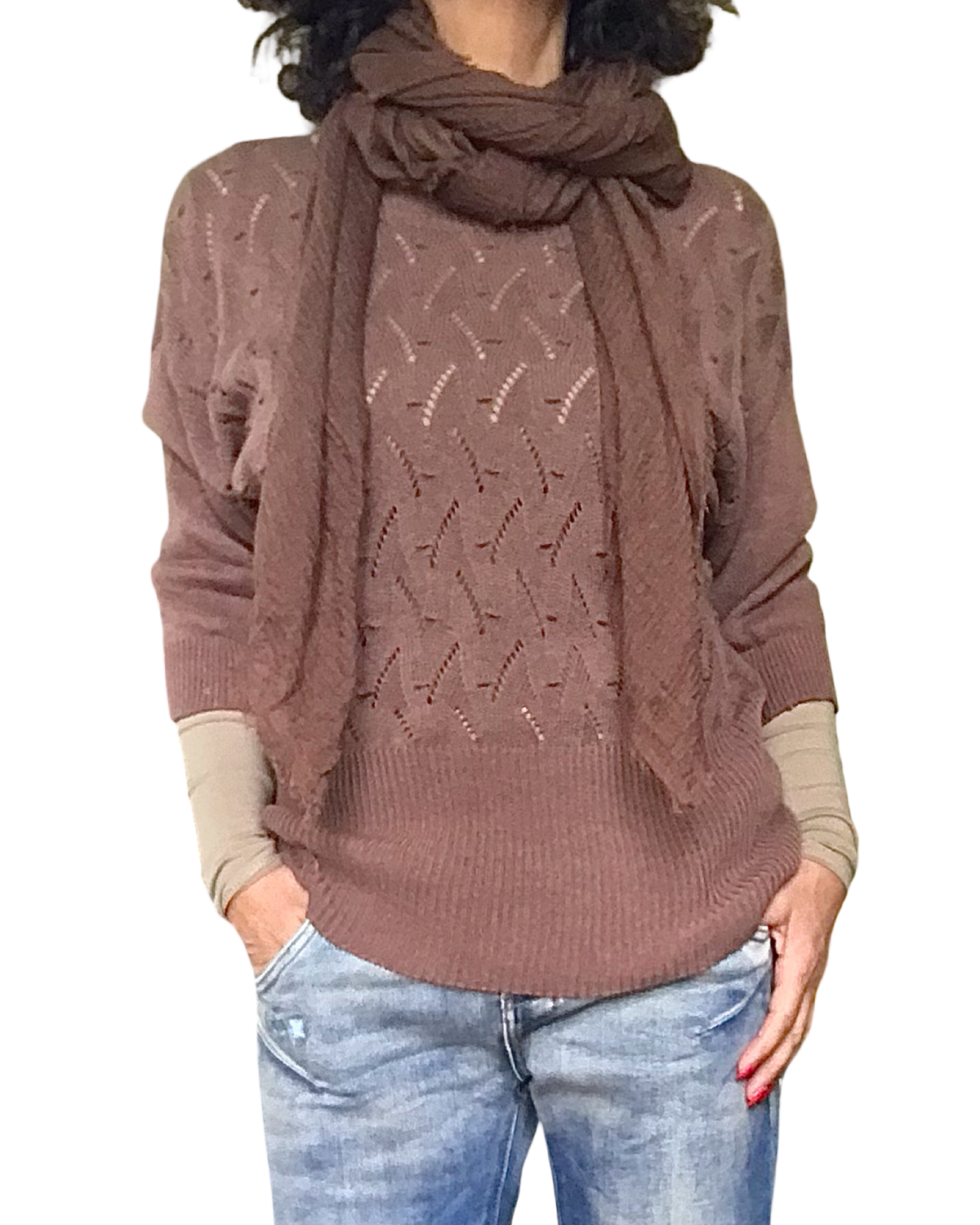 Chandail de tricot noisette pointelle, manche 3/4