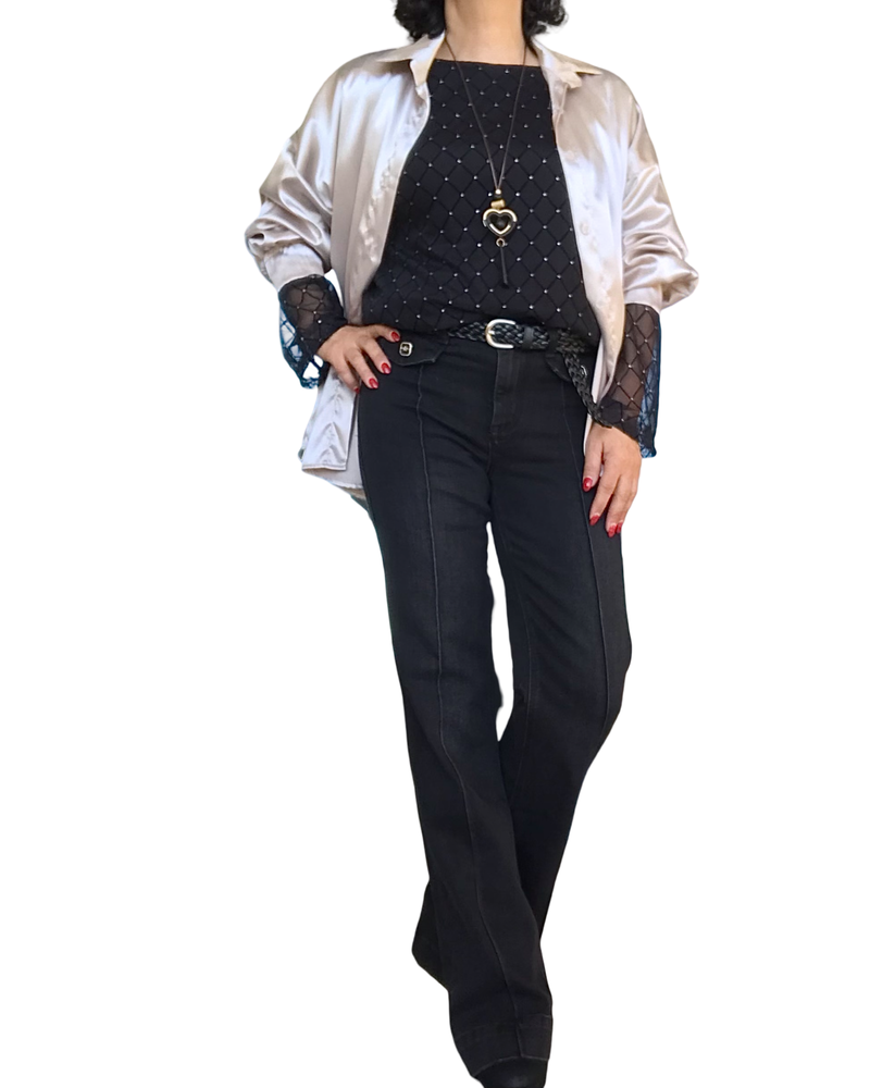 Chemise champagne en satin à manche longue