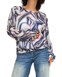 Blouse romantique en voile motif d’Arty crème et marine, manches longues