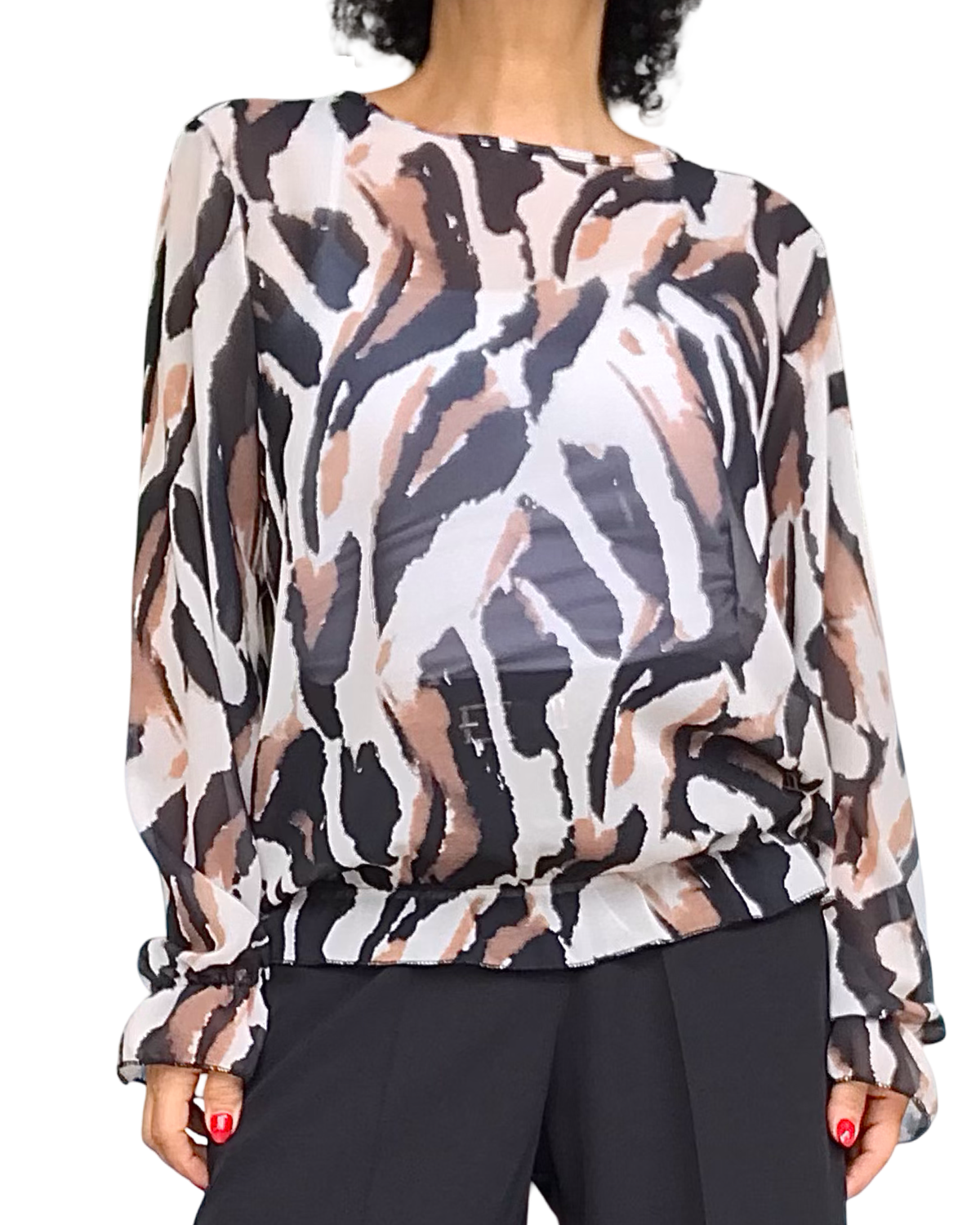 Blouse romantique en voile zébré crème, noire et camel, manches longues