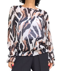 Blouse romantique en voile zébré crème, noire et camel, manches longues