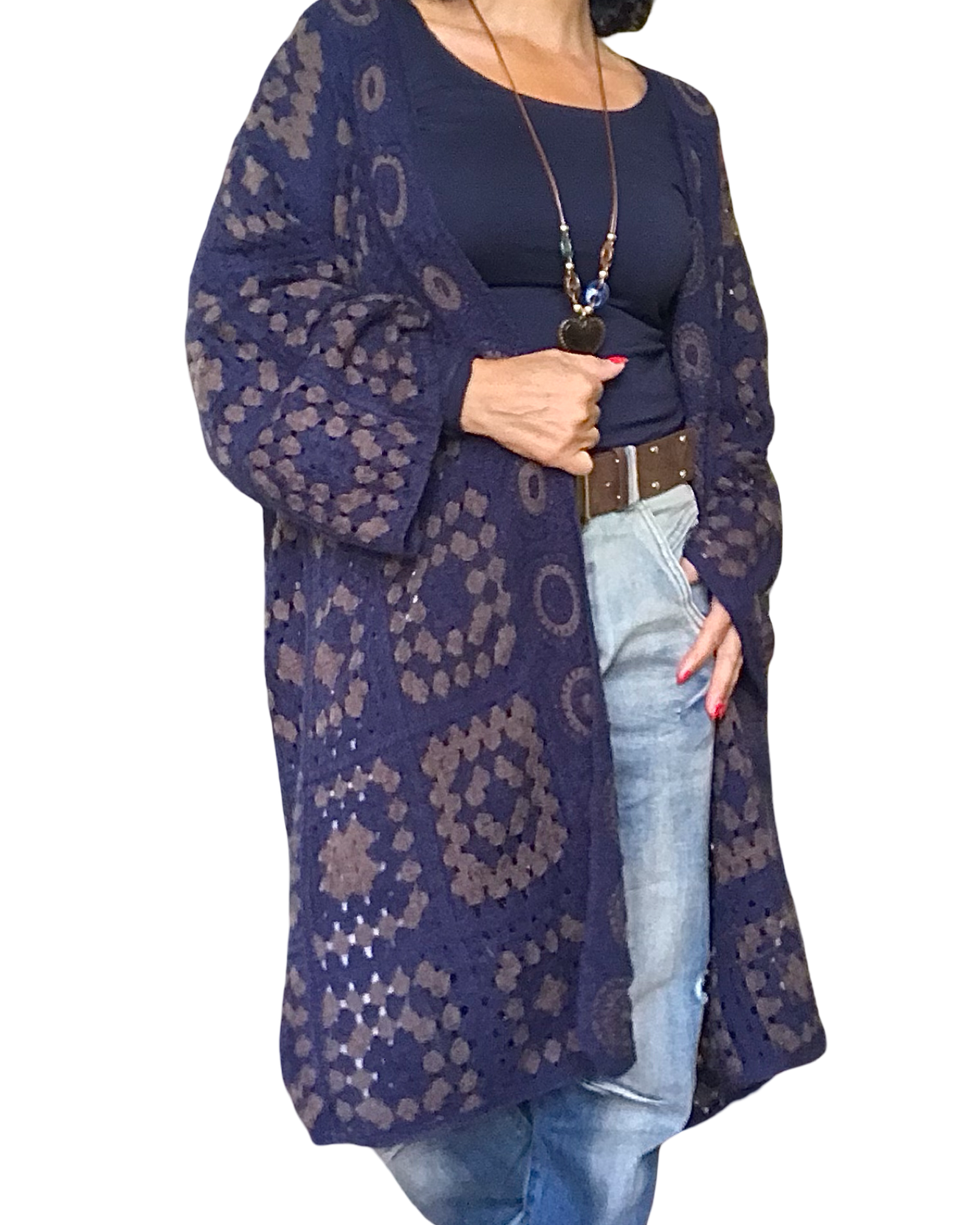 Cardigan long en crochet marine et brun