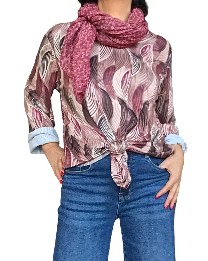 Chandail manche longue à motifs de demi-cercle bourgogne, moka, noir