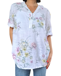 Blouse blanche manche 3/4 fleurie rose, vert, jaune et bleu