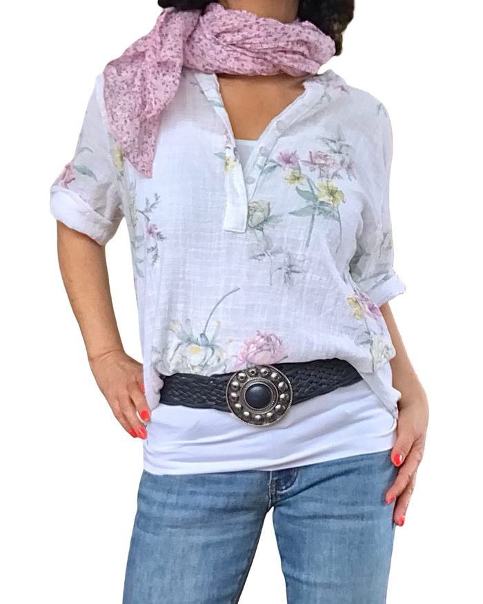 Blouse blanche manche 3/4 fleurie rose, vert, jaune et bleu