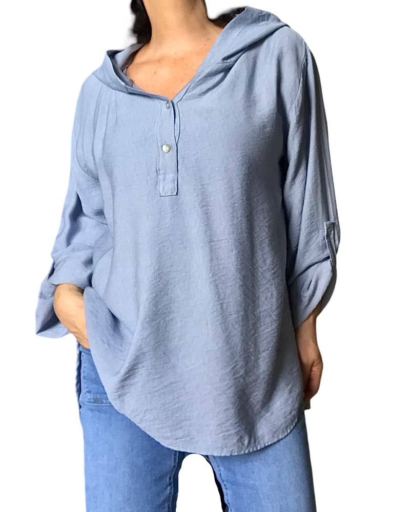 Blouse unie manches 3/4 avec capuchon bleu