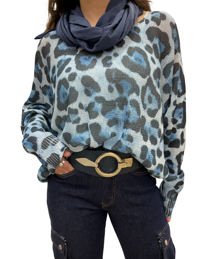 Chandail col en V imprimé léopard bleu et noir