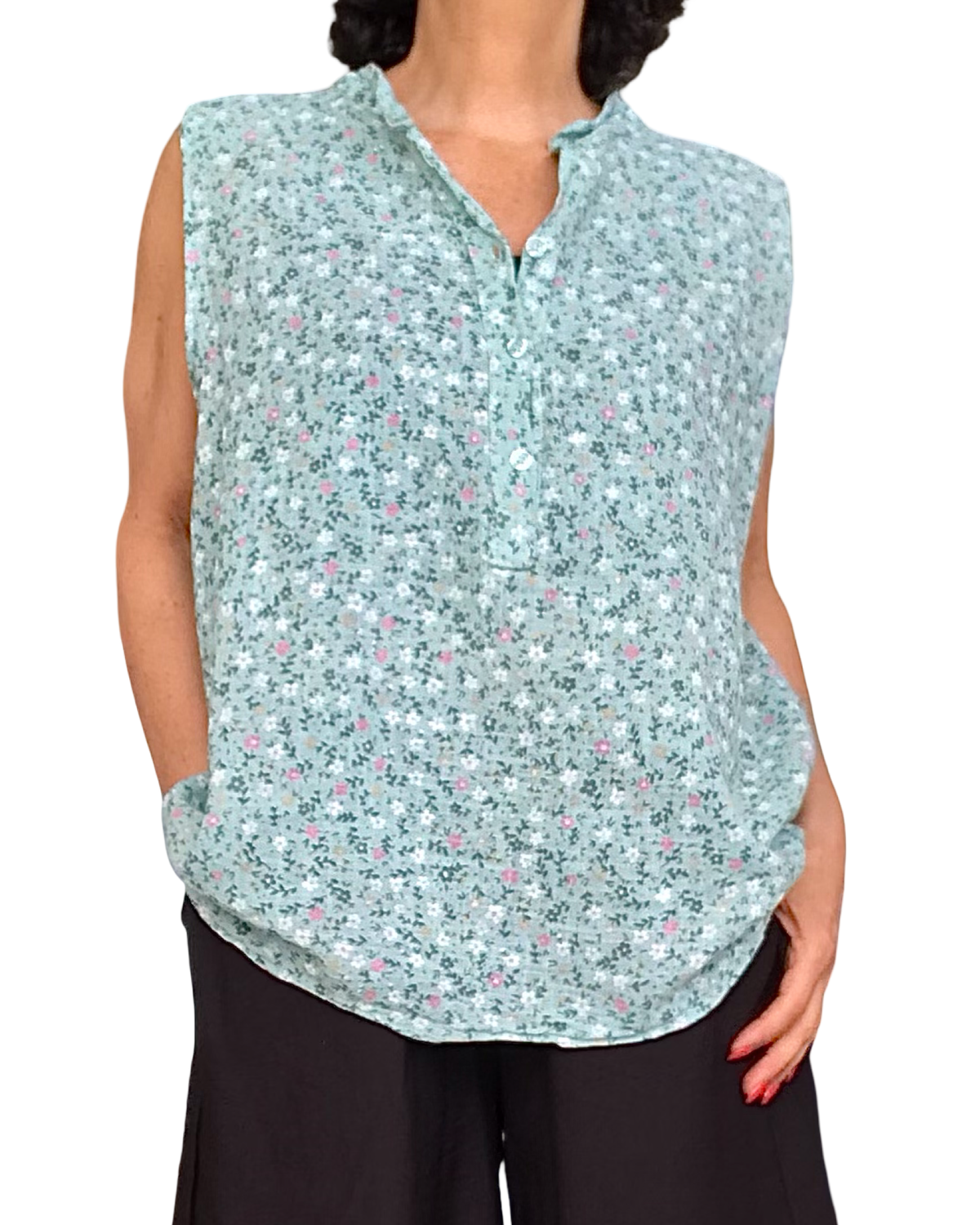 Blouse aqua sans manche petites fleuri rose, blanche et vert forêt