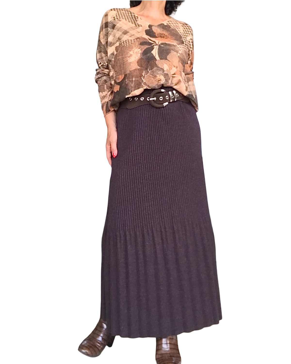 T-shirt manche longue Camel grosses fleurs noir et brune col en V