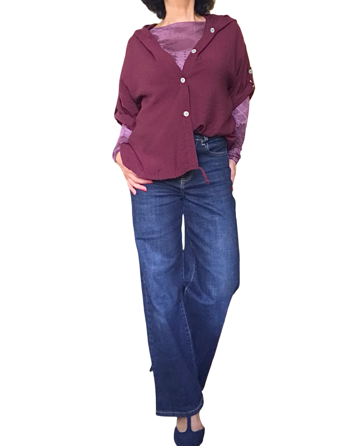Chemise bourgogne manche 3/4 avec capuchon et cordon au bas