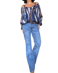 Blouse en voile marine imprimé zigzag vertical manches bouffantes