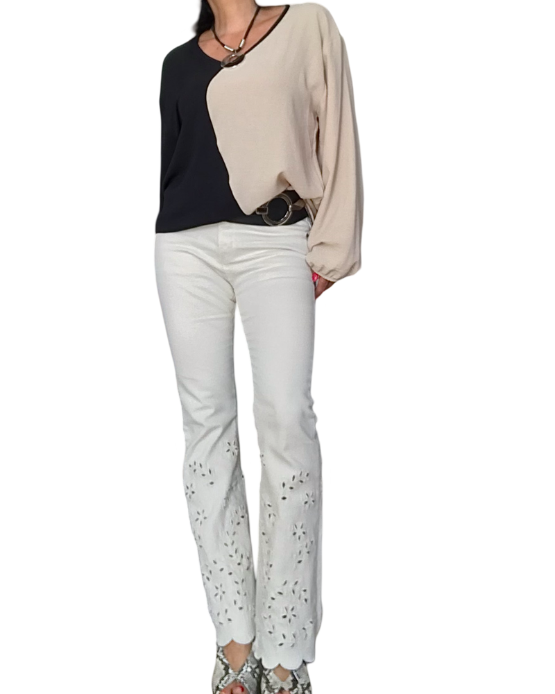 Pantalon crème flair, dentellé du genou jusqu’au bas avec blouse, Color, bloc B et noir et ceinture élastique en similicuir, large noir