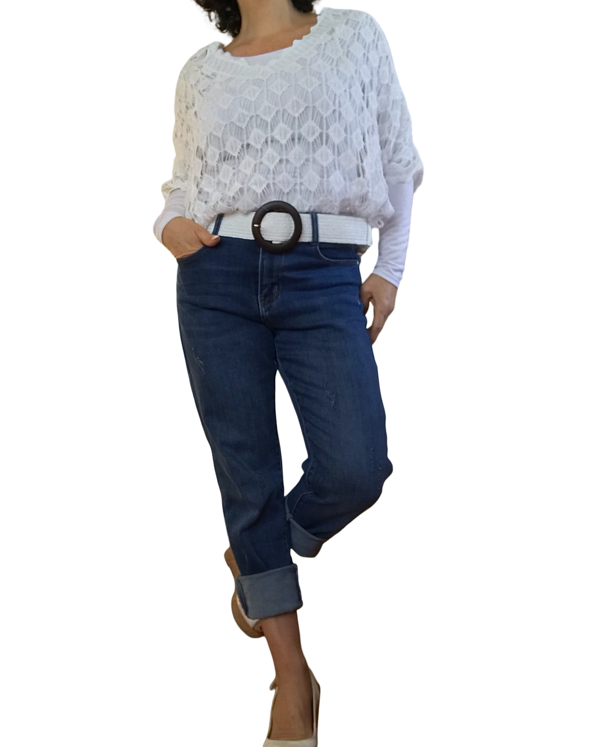 Chandail col en V en crochet losange blanc manche courte