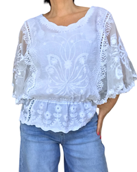 Blouse en voile, dentelle et broderie, élastique à la taille | Livraison 10 mai
