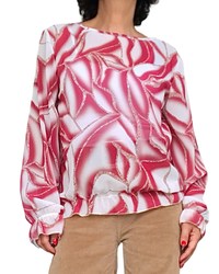 Blouse romantique en voile motif d’Arty crème et bourgogne, manches longues