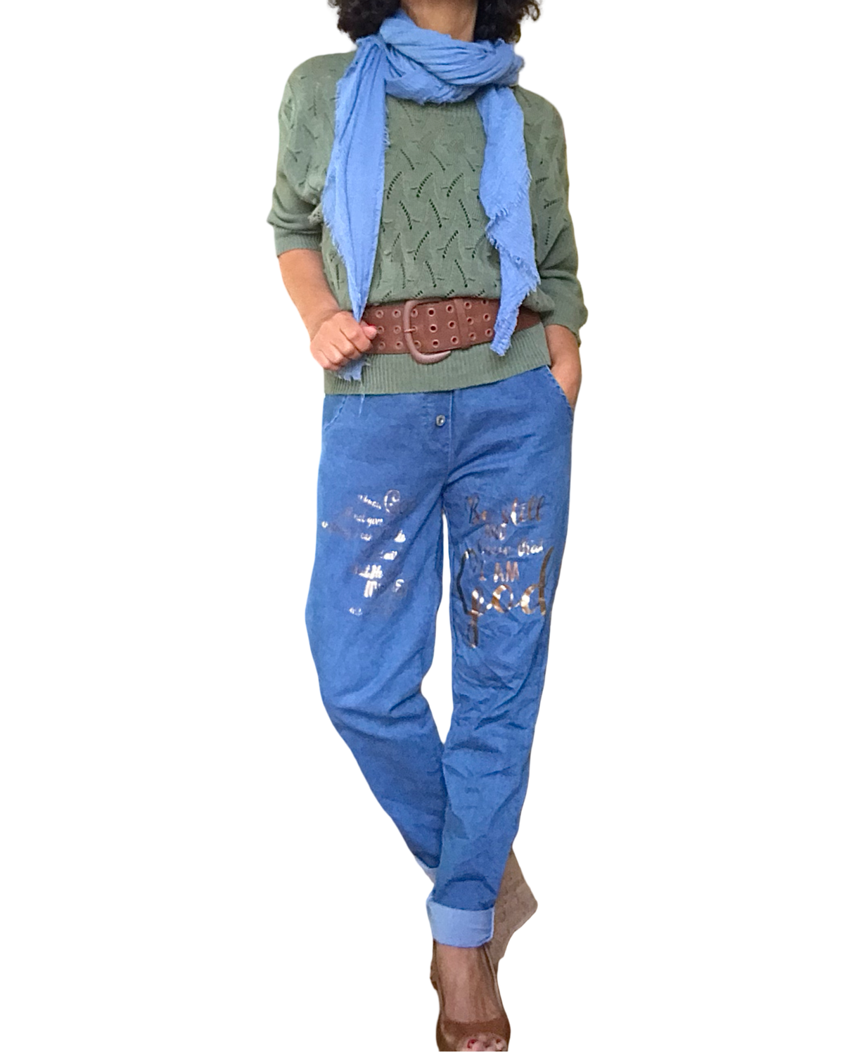 Chandail de tricot kaki pointelle, manche 3/4
