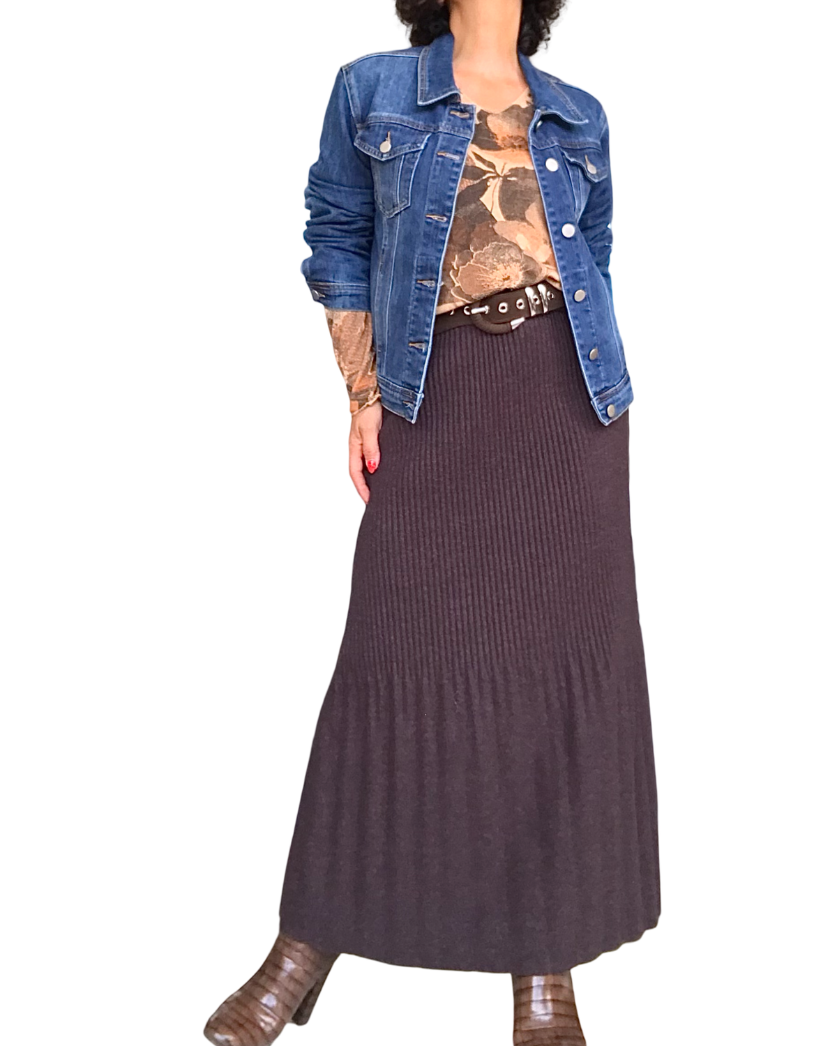 Jupe longue en tricot brun chiné