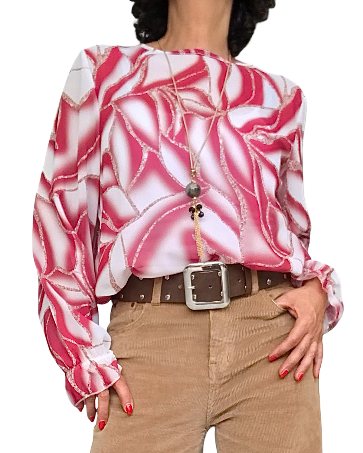 Blouse romantique en voile motif d’Arty crème et bourgogne, manches longues