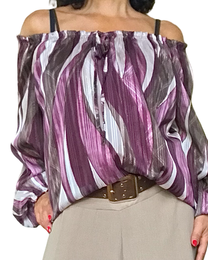 Blouse en voile bourgogne imprimé zigzag vertical manches bouffantes