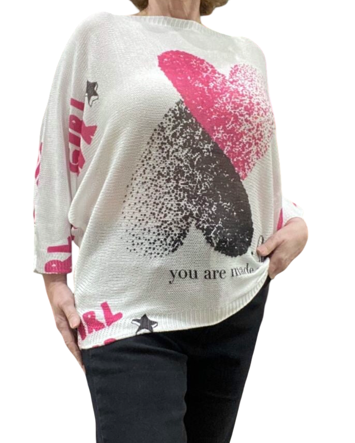 Chandail tricot léger blanc avec deux coeurs, fushia et charcoal