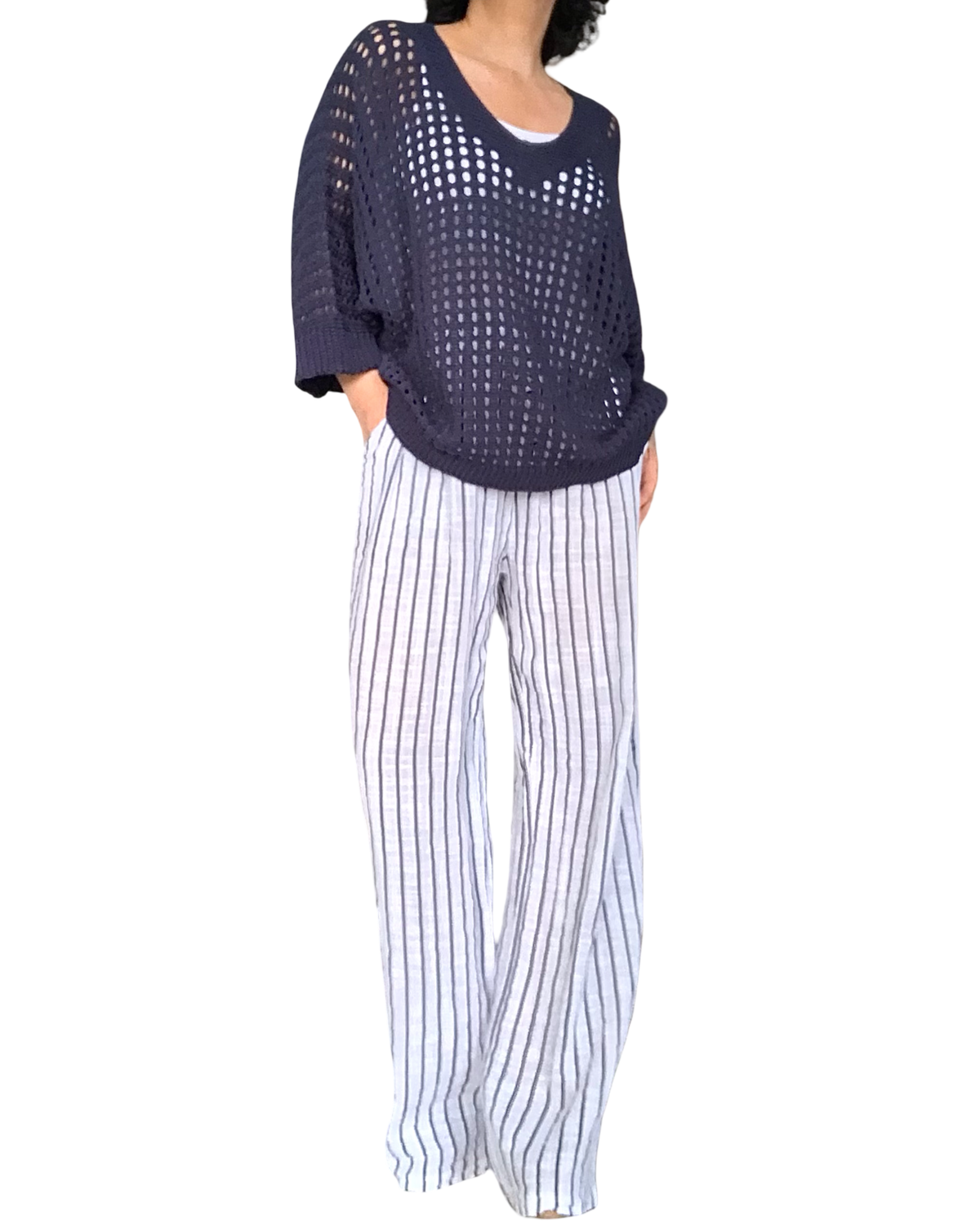 Pantalon droit blanc à rayures marine, taille élastique