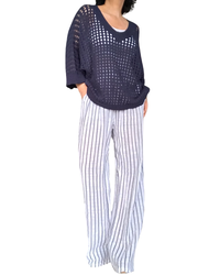 Pantalon droit blanc à rayures marine, taille élastique