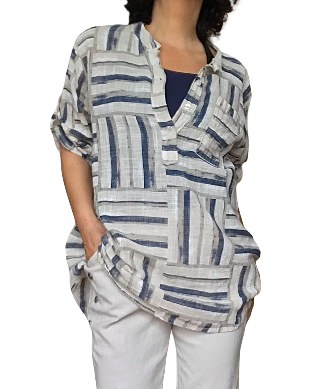 Blouse manche courte, rayures horizontales et verticales beige, marine, moka