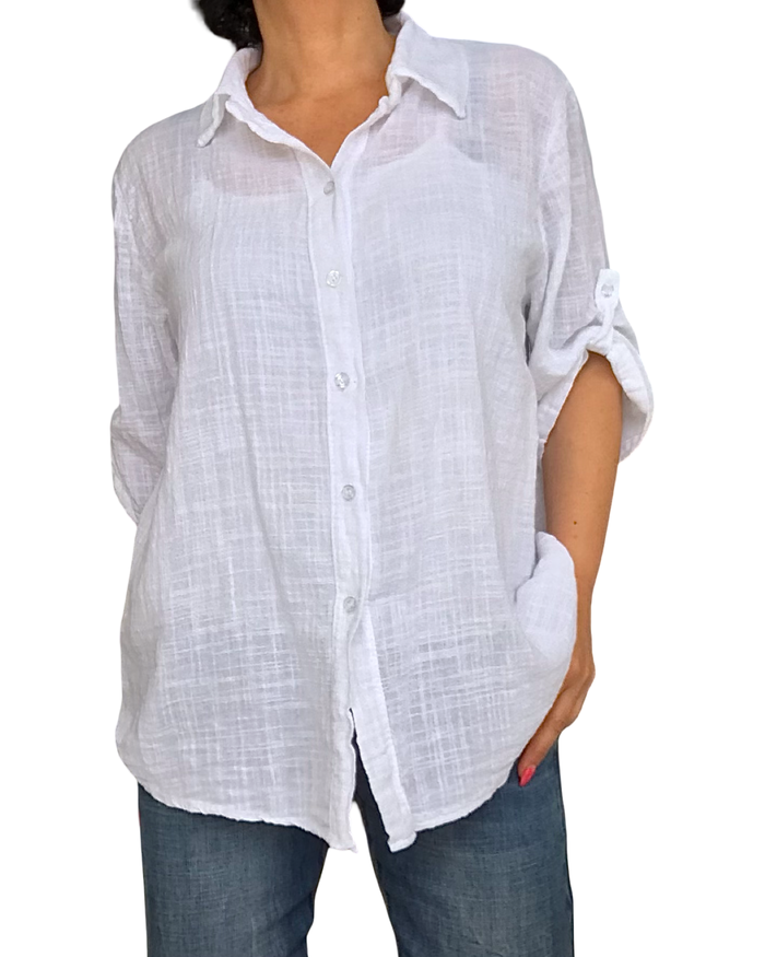 Chemise blanche 3/4 en coton-lin chic