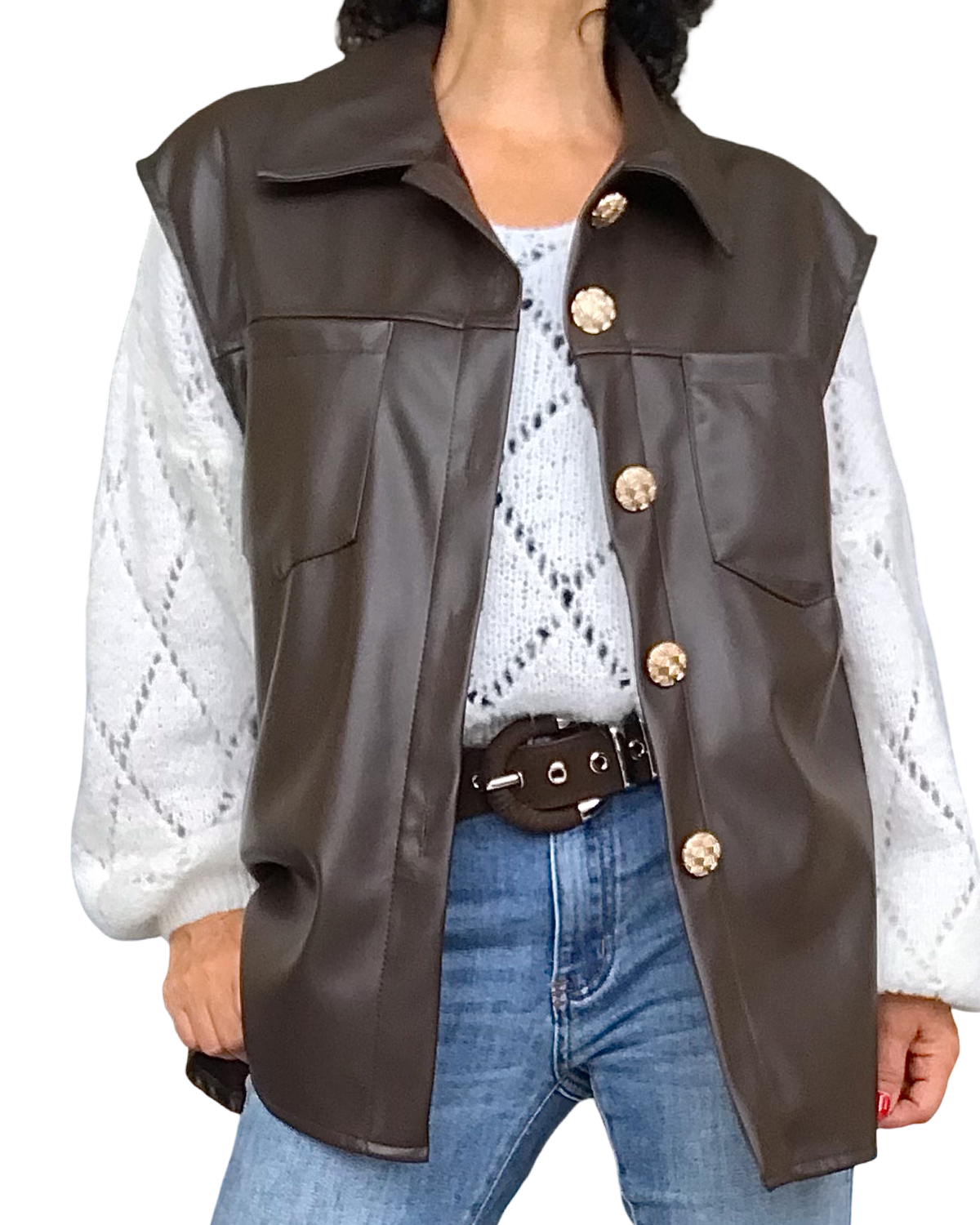 Veste brune sans manche en similicuir