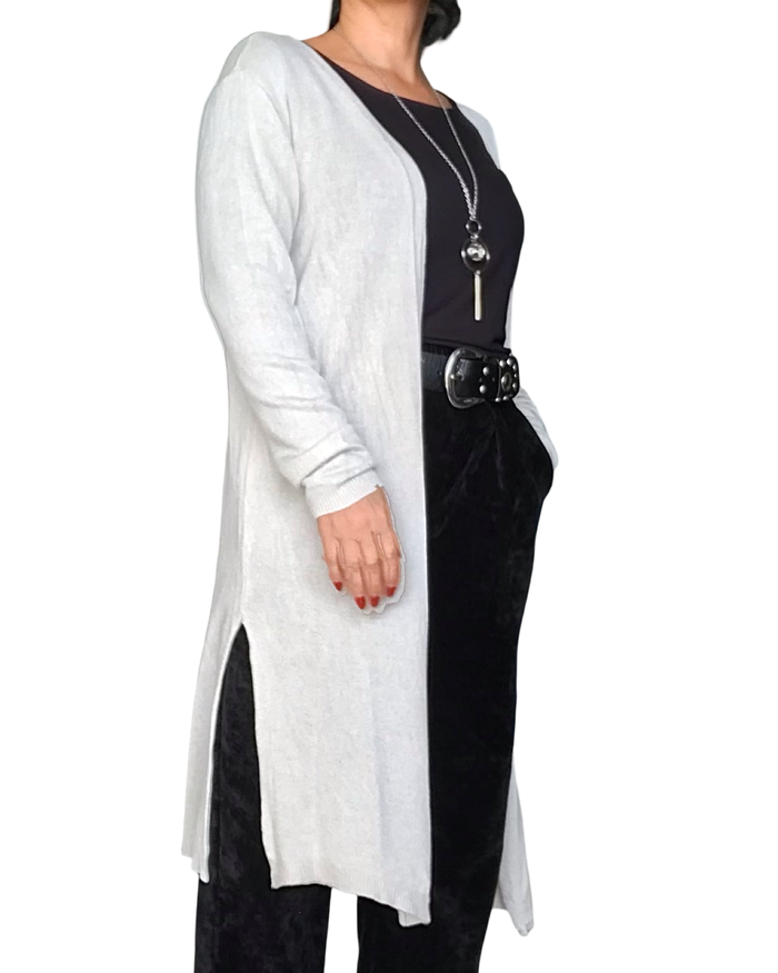 Cardigan femme beige uni long fendu de chaque coté