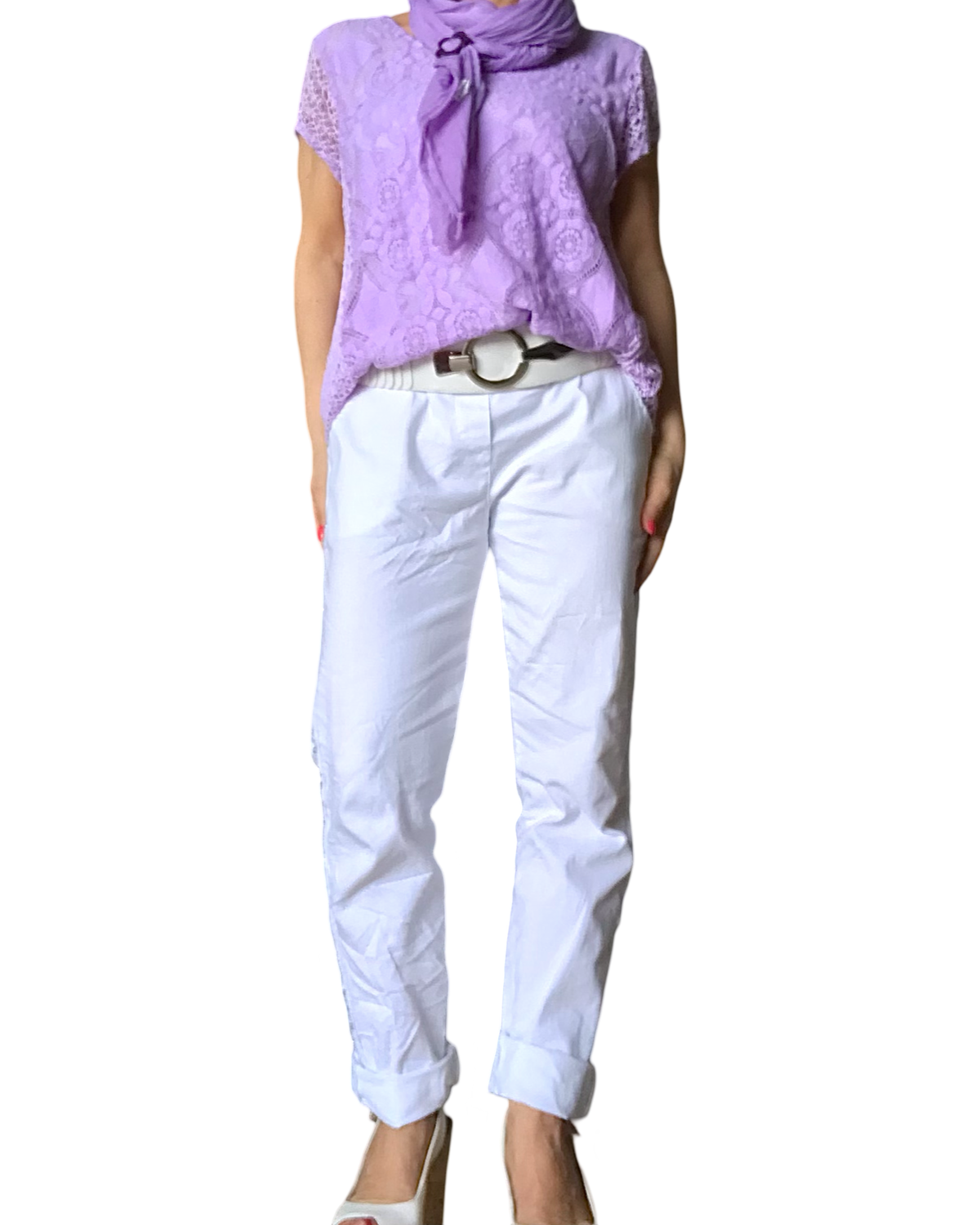 T-shirt uni en dentelle lilas avec pantalon à taille, élastique blanc, foulard Lilas et ceinture en similicuir, large élastique blanche