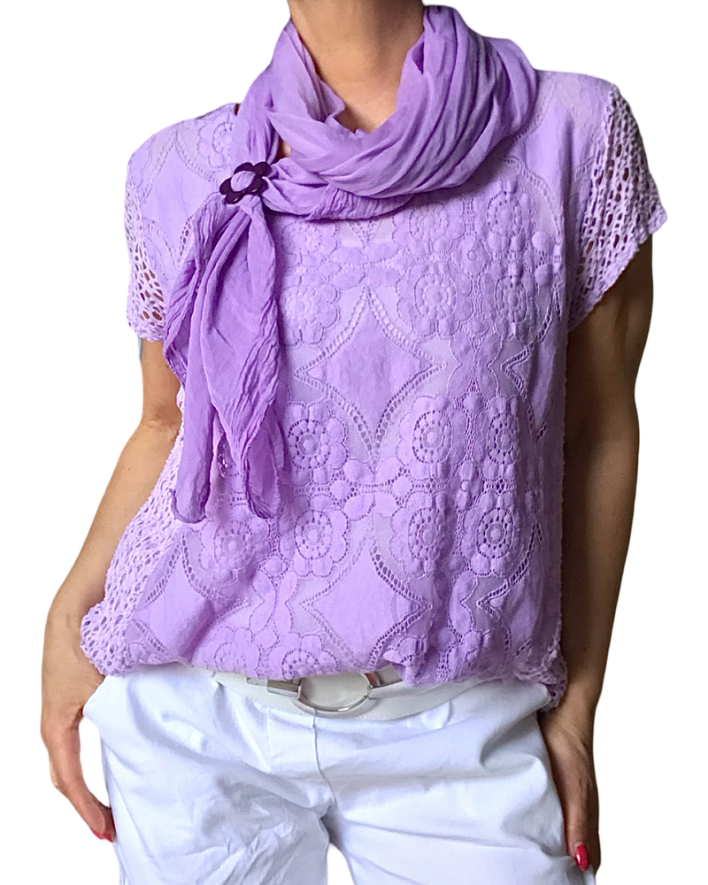 T-shirt uni en dentelle lilas avec foulard Lilas