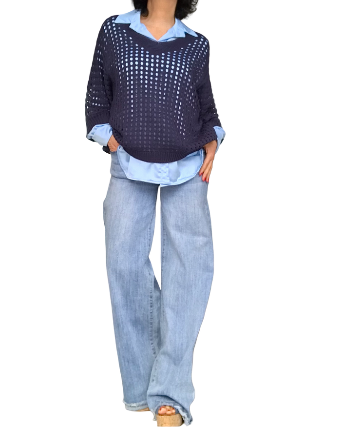 Chandail en crochet marine col en V en grandes mailles(livraison 17 mars)