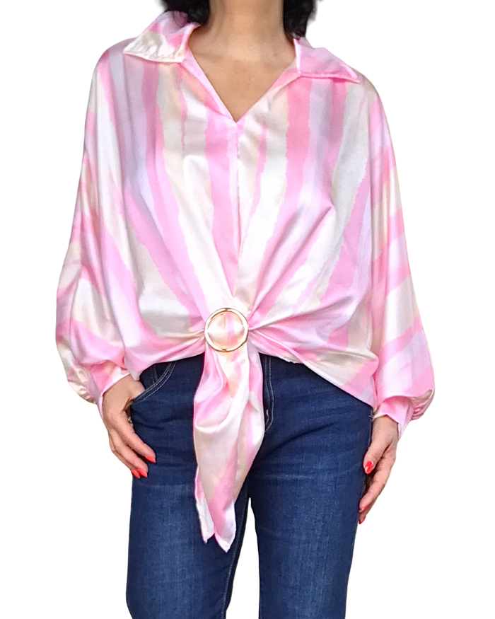 Blouse en satin rayé rose et beige manche chauve-souris