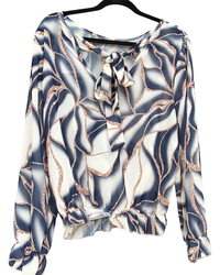 Blouse romantique en voile motif d’Arty crème et marine, manches longues