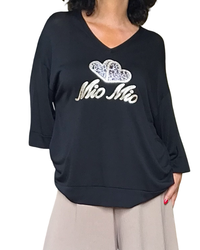 T-shirt uni noir Mio Mio manche courte col en V