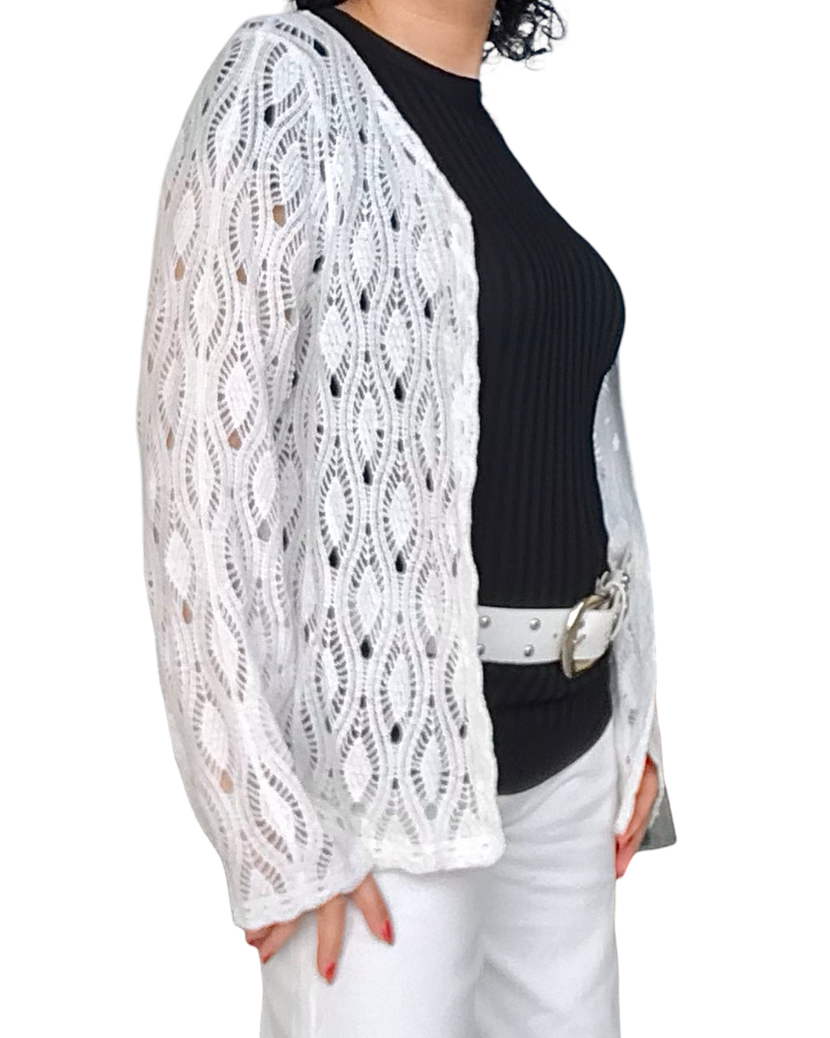 Boléro en crochet blanc cassé manche longue